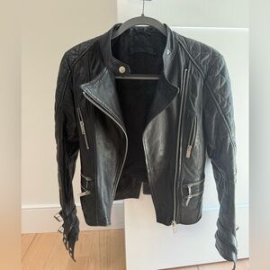 Black Leather Moto Jacket with Quilted Sleeves